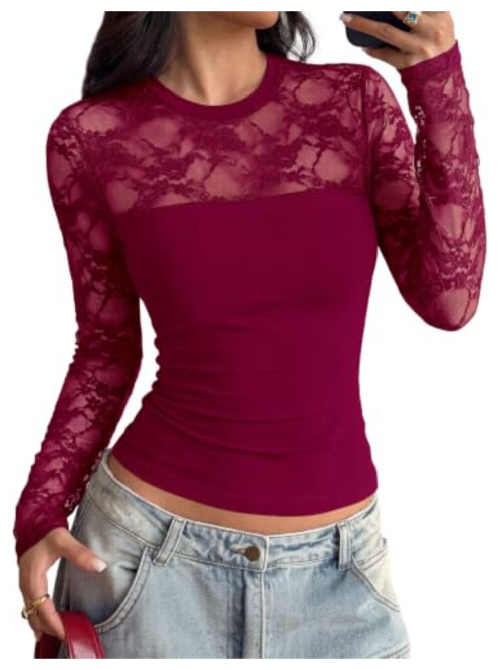 Womens Mesh Sheer Lace Long Sleeve Blouse Crewneck Pullover Top